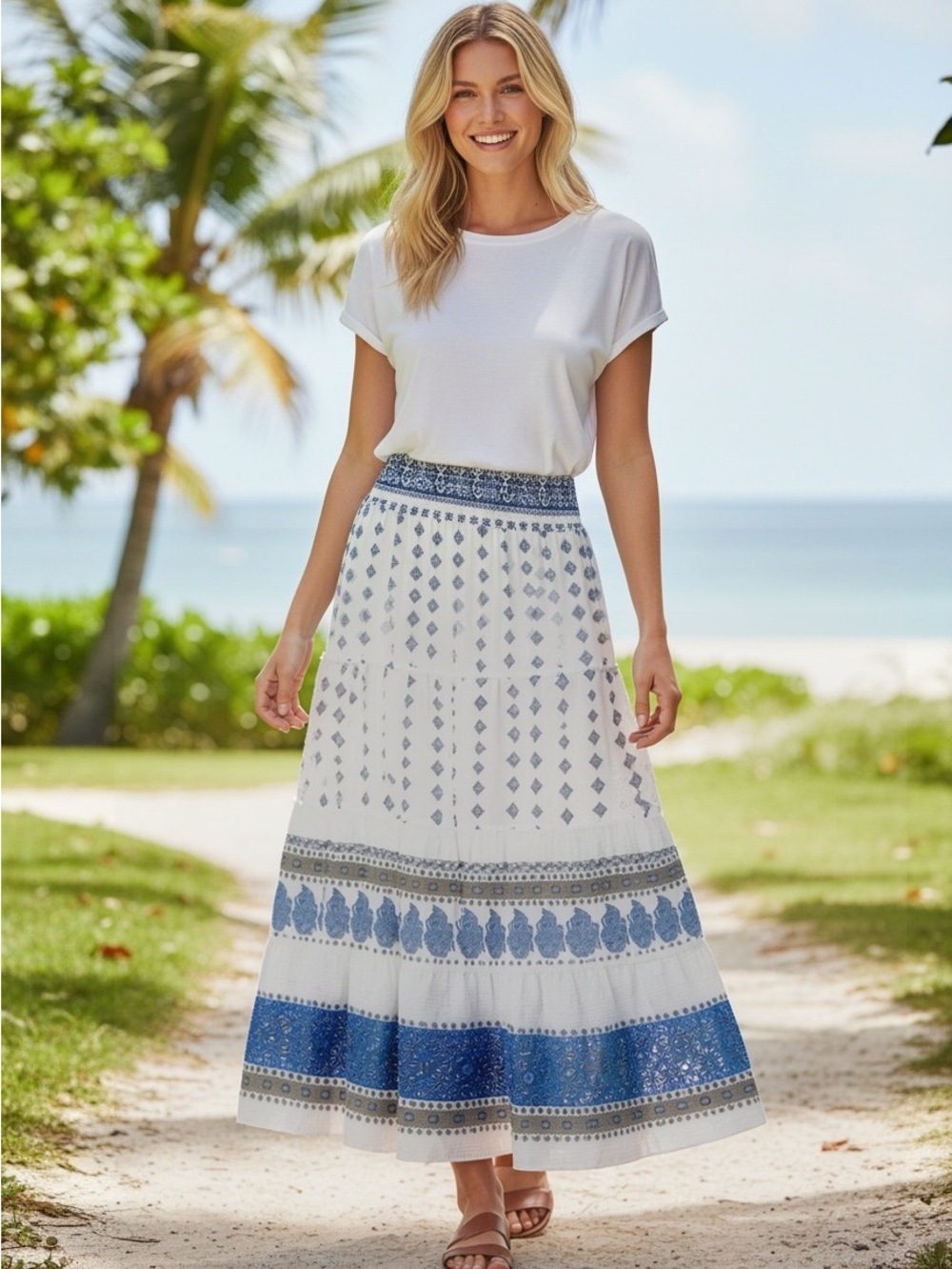 Westport 1962 Boho Tiered Maxi Skirt Womens 2X White Blue Paisley Smocked Waist